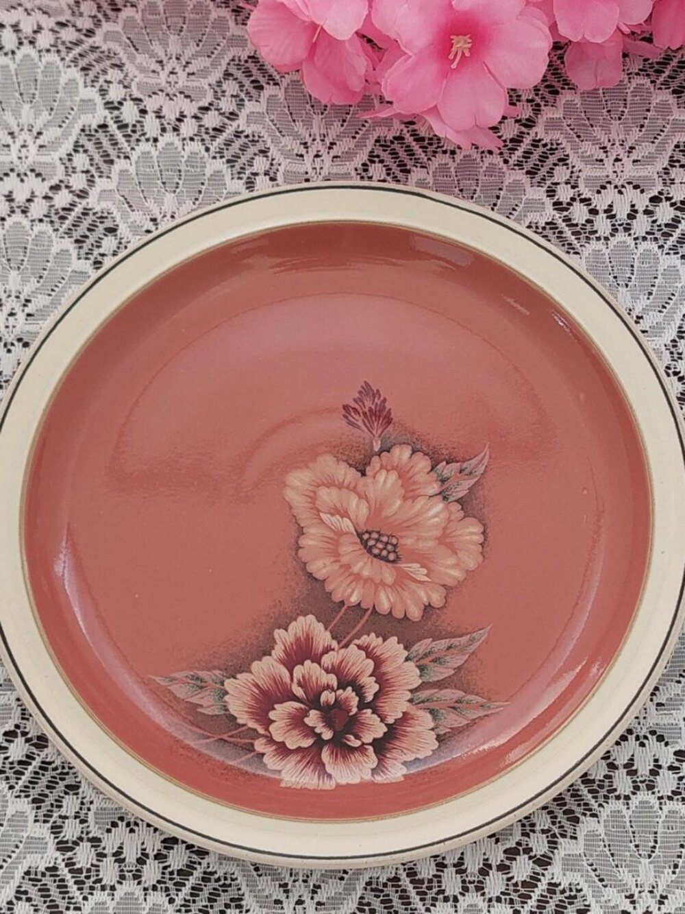 Vintage Denby England Damask Pink Stoneware Salad Plates x4 - Picture 9 of 10